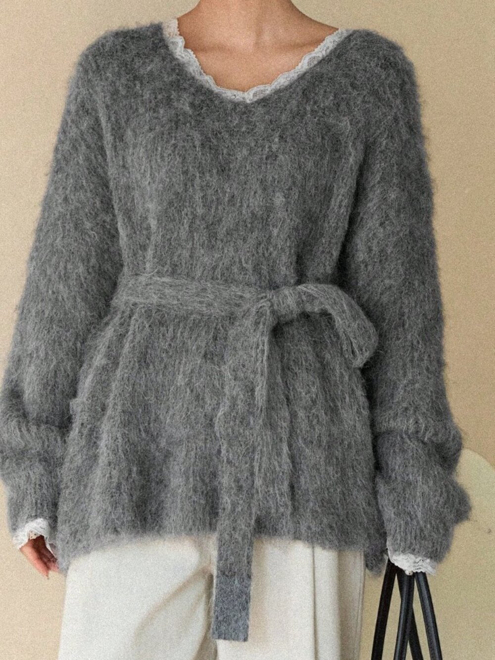 Grey Casual Women's V-Neck Long Sleeve Loose Fuzzy Sweater - Picture 3 of 9